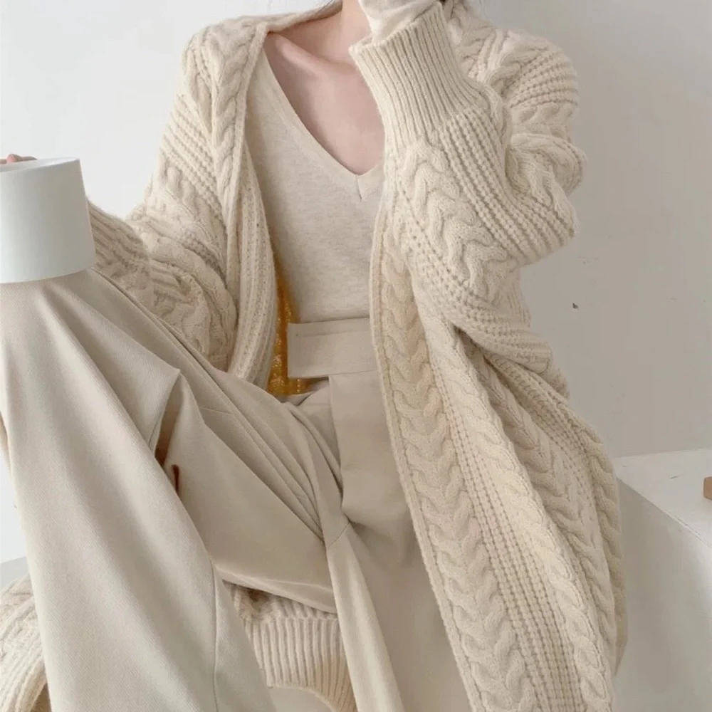 Twist cardigan sweater cable knit cream beige womens knit long sleeve - Picture 2 of 11